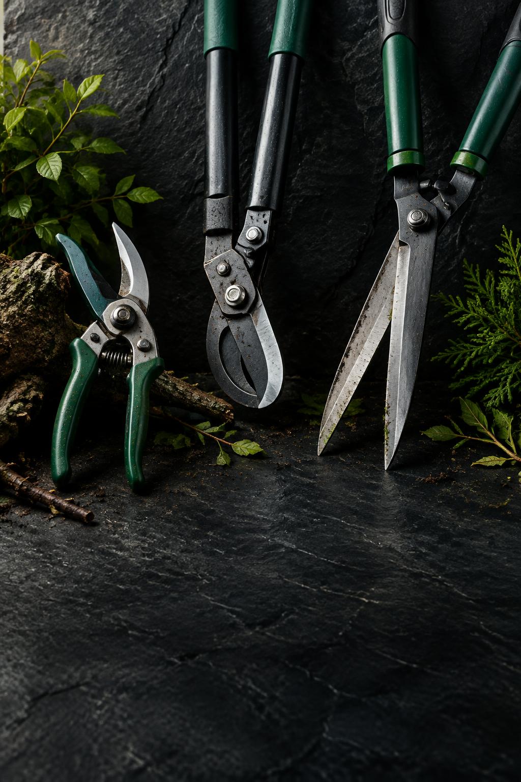 Garden Tools arranged for professional sharpening